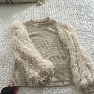 SHEIN Cream Sweater with Faux Fur Sleeves